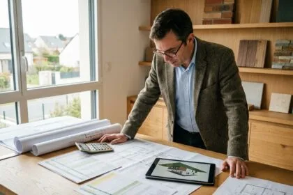 Architecte consultant examinant des plans de construction et devis budgétaire pour projet immobilier à Saint-Grégoire