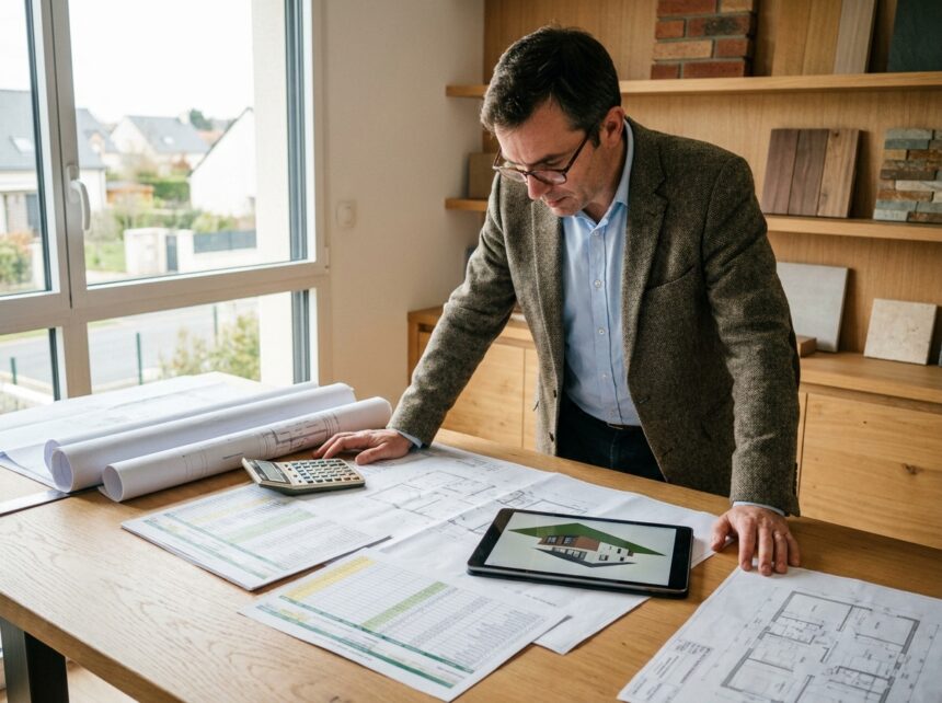 Architecte consultant examinant des plans de construction et devis budgétaire pour projet immobilier à Saint-Grégoire