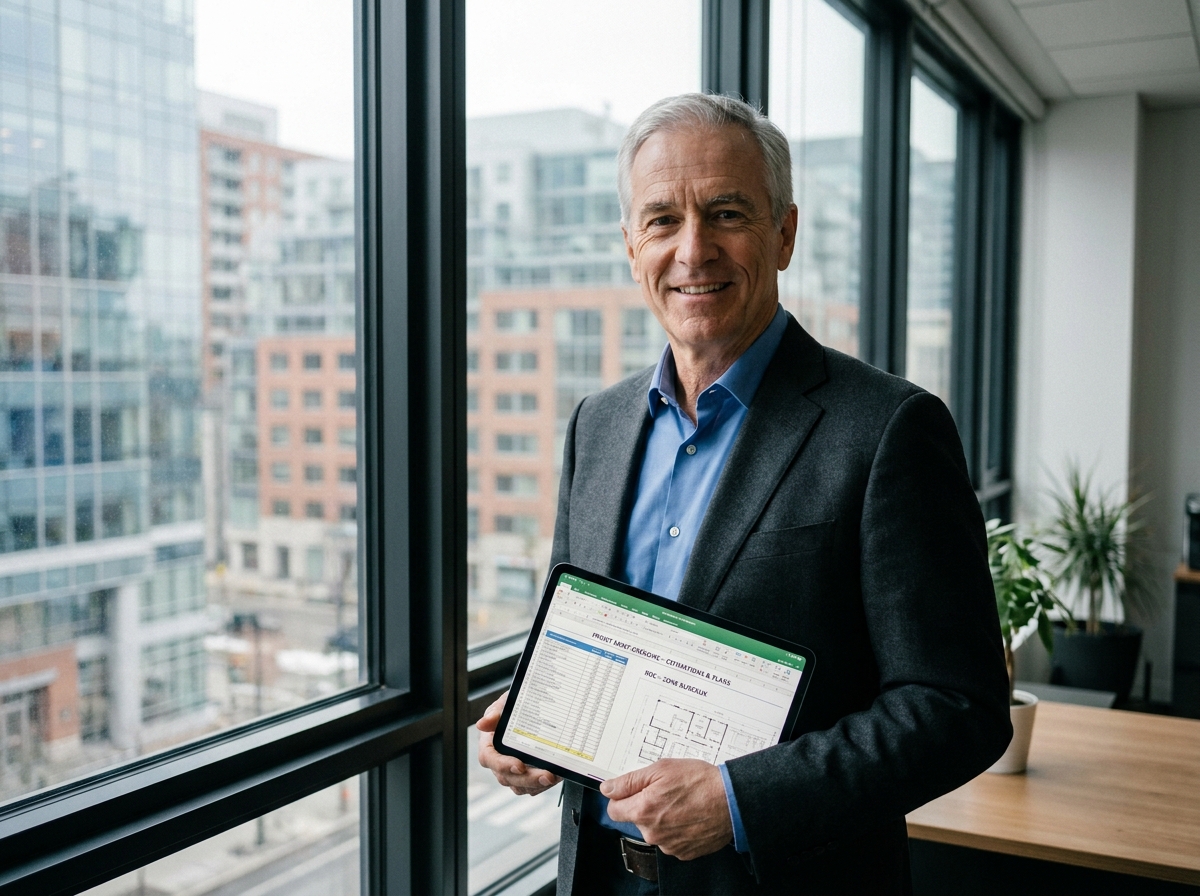 Architecte souriant avec tablette dans un intérieur moderne