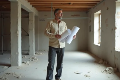 Architecte tenant des plans dans un appartement en cours de rénovation avec murs en briques apparentes et sols en béton brut