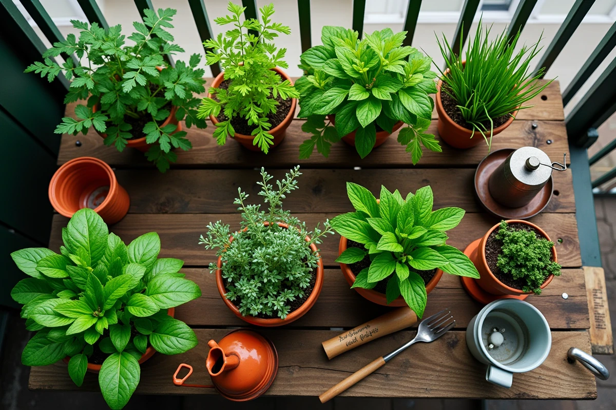 Vue de dessus de plusieurs pots d'aromatiques sur table balcon avec outils de jardinage