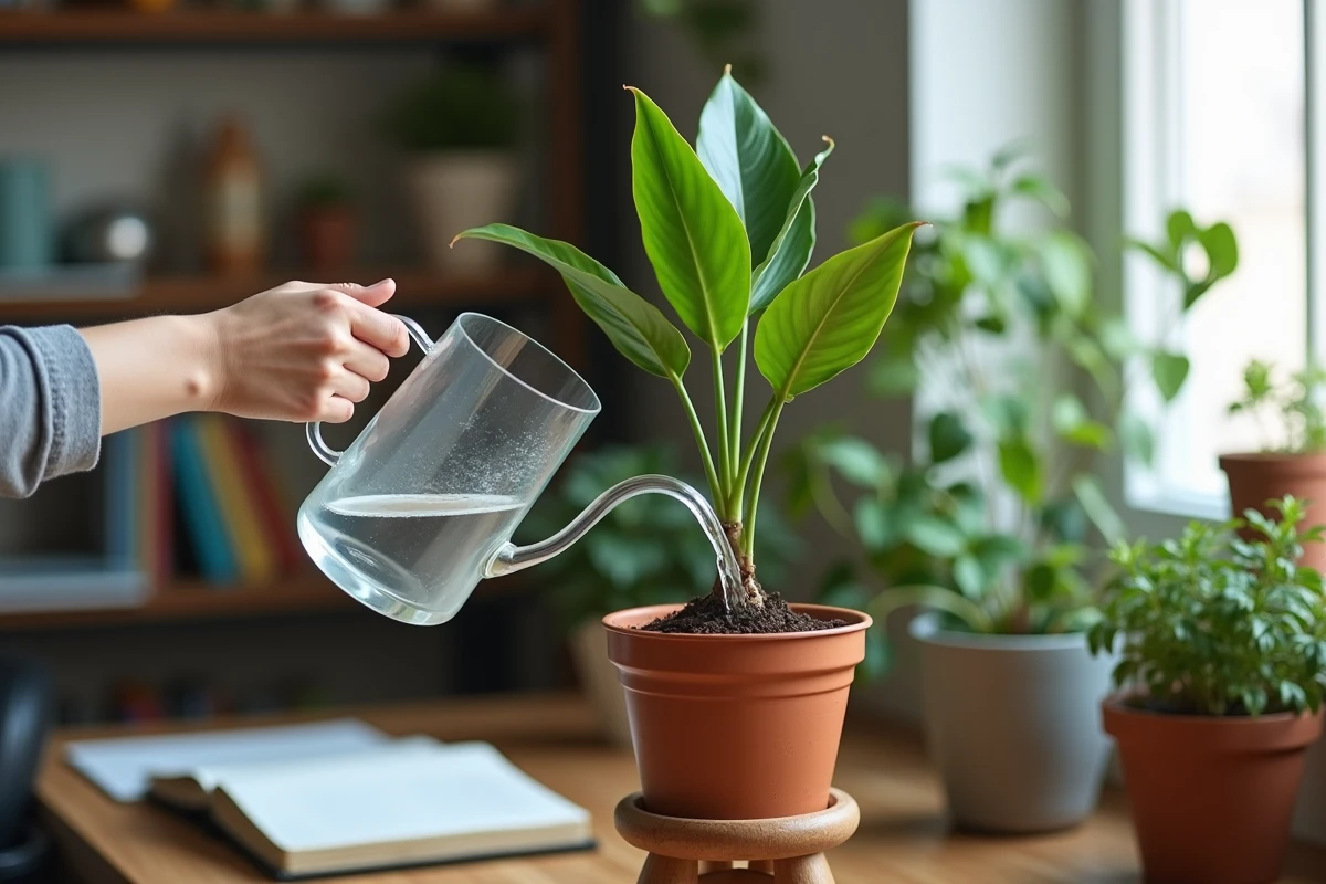 Mains versant de l'eau dans un pot de plante d'intérieur avec arrosoir en verre en hiver