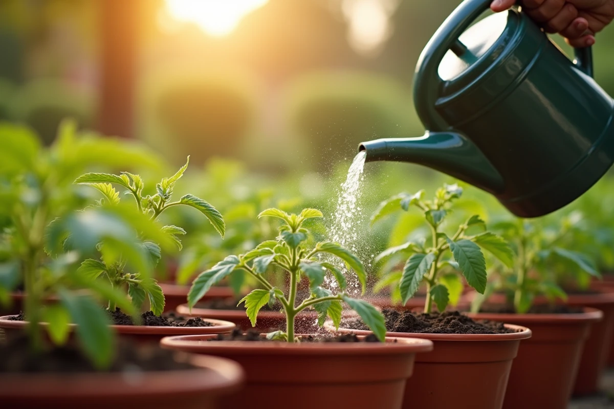 Arrosage des plants de tomates jeunes avec un arrosoir en jardin