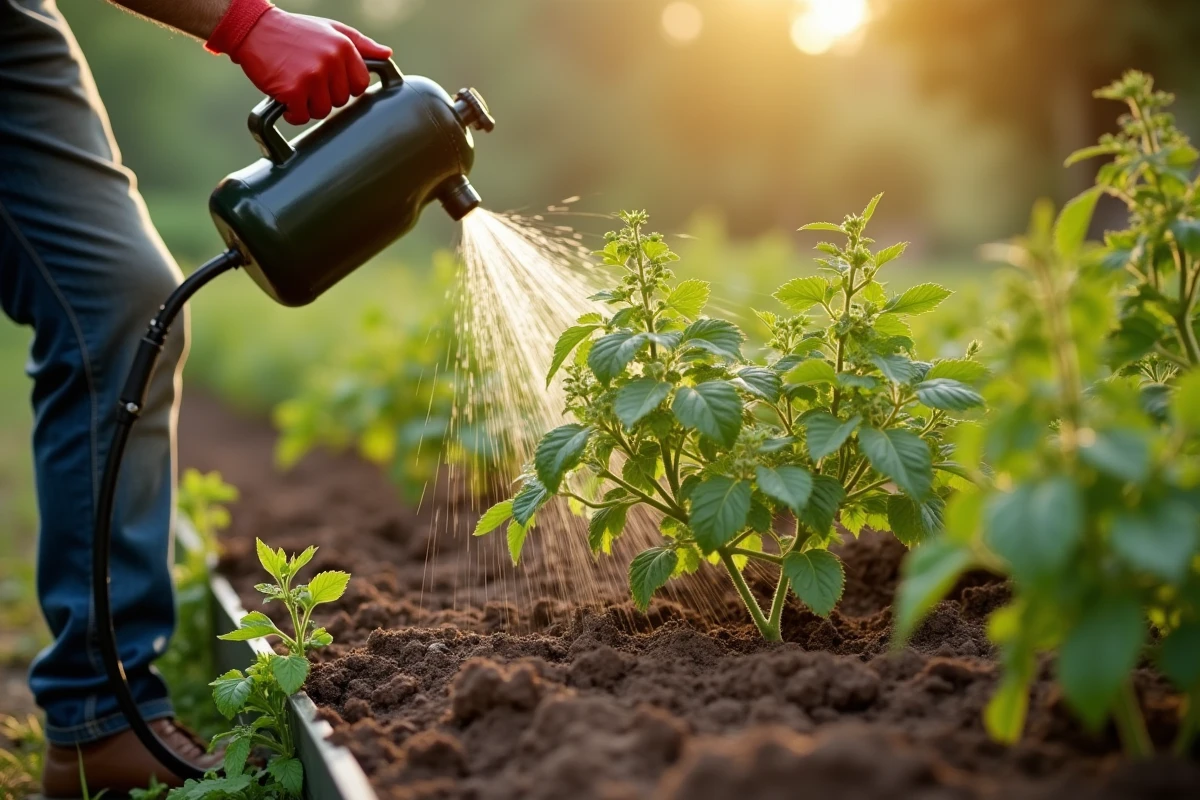 Arrosage des plants de tomates dans un potager estival