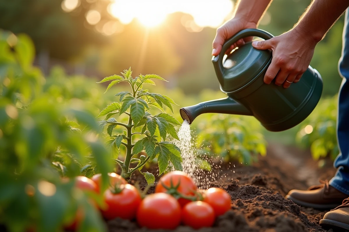 Arrosage des tomates avec un arrosoir dans un potager d'été