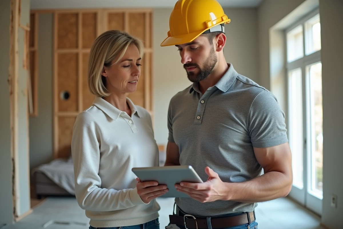 Un artisan montre une estimation de travaux sur tablette à une propriétaire dans un intérieur en cours de rénovation énergétique