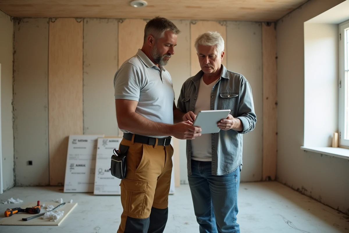 Artisan et propriétaire examinant un devis de rénovation sur tablette dans un chantier de travaux éligible à la prime rénov