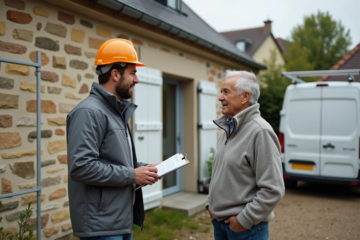 Artisan RGE et propriétaire discutant de travaux d'isolation extérieure éligibles à la prime rénov devant une maison en pierre