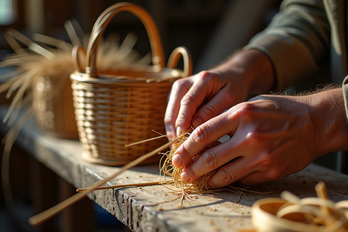 Artisan travaillant le tissage traditionnel des paniers en osier d'Ardèche avec détail des mains expertes