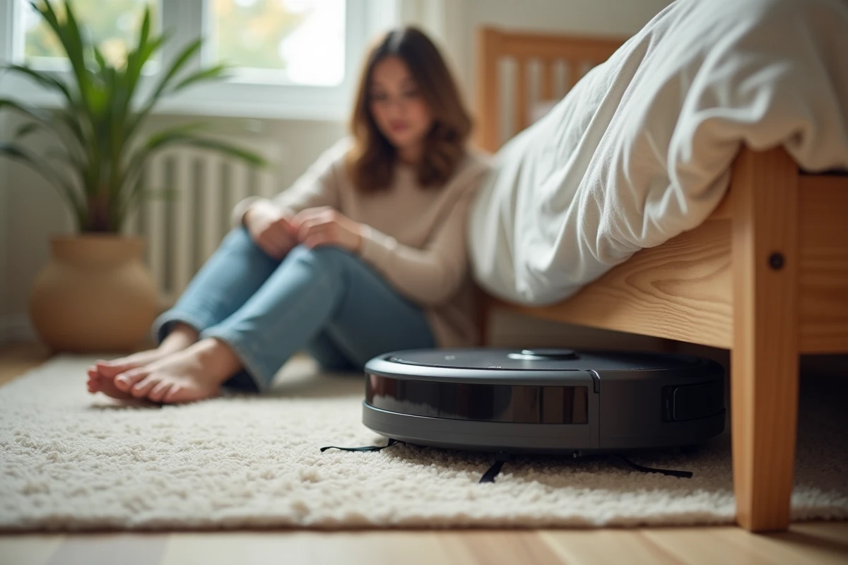 femme observant un aspirateur robot performant nettoyer efficacement sous les meubles dans une chambre à coucher
