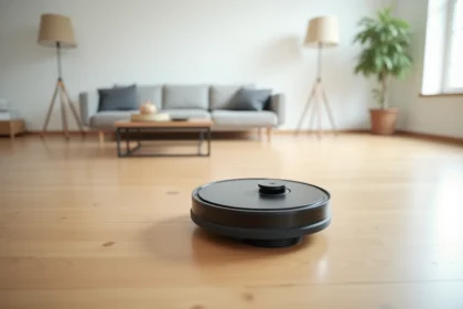 aspirateur robot autonome modèle 2026 naviguant sur un plancher de bois franc dans un salon minimaliste et moderne