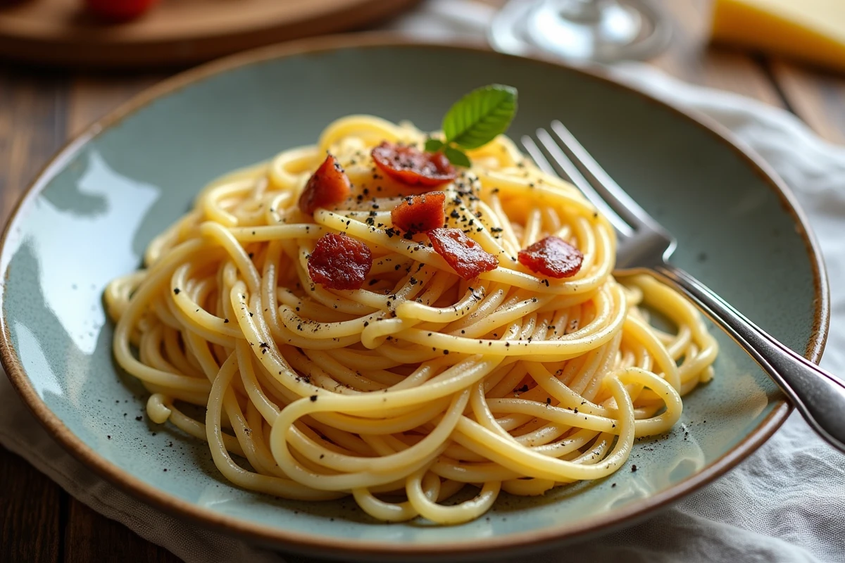 assiette de pâtes carbonara authentiques avec guanciale et sauce crémeuse sur table rustique