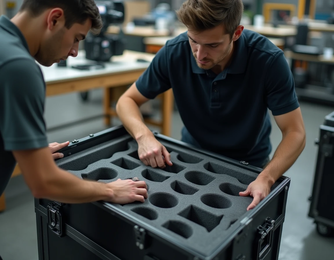 Assistant vidéo organisant des compartiments de protection à mousse dans une flight case d'occasion pour équipement caméra