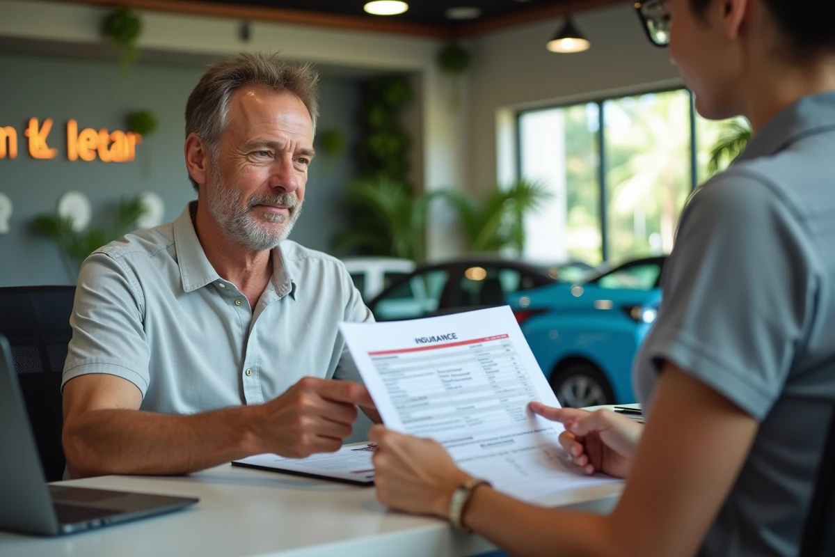 Client étudiant les options d'assurance pour sa location de voiture avec un conseiller d'agence à La Réunion