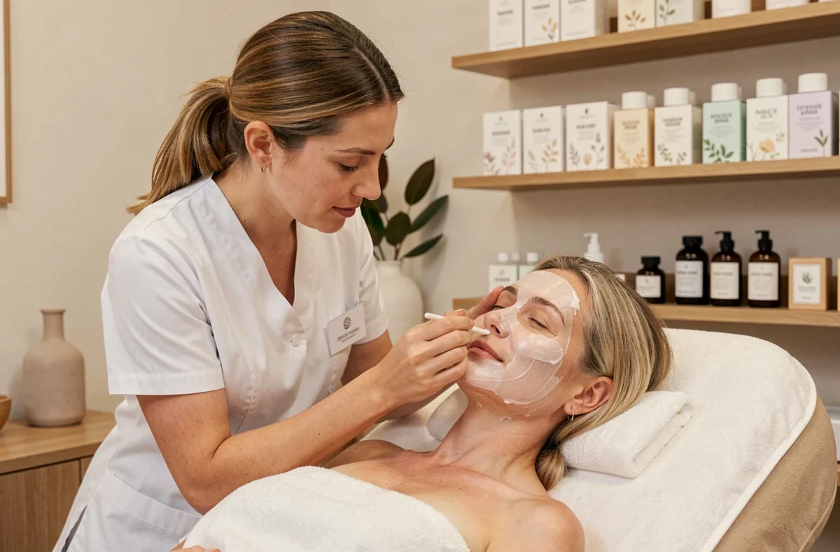 Esthéticienne appliquant un soin hydratant et anti-âge certifié sur le visage d'une cliente à l'Atelier d'Andréa