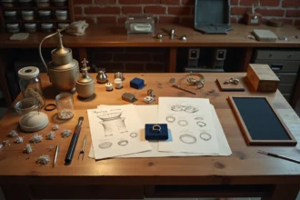 Vue d'ensemble d'un atelier de joaillerie artisanale avec esquisses, pierres précieuses, outils et bague de fiançailles en cours de création