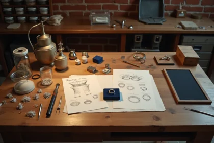 Vue d'ensemble d'un atelier de joaillerie artisanale avec esquisses, pierres précieuses, outils et bague de fiançailles en cours de création