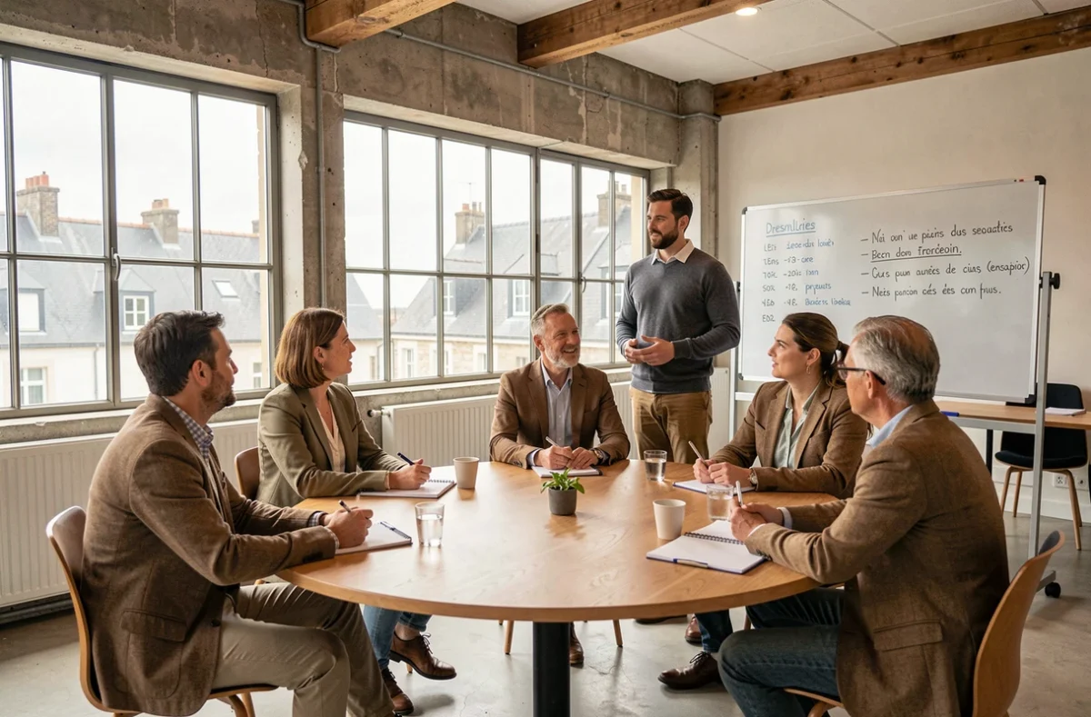 Atelier de prise de parole en public en groupe dans un espace moderne en Bretagne