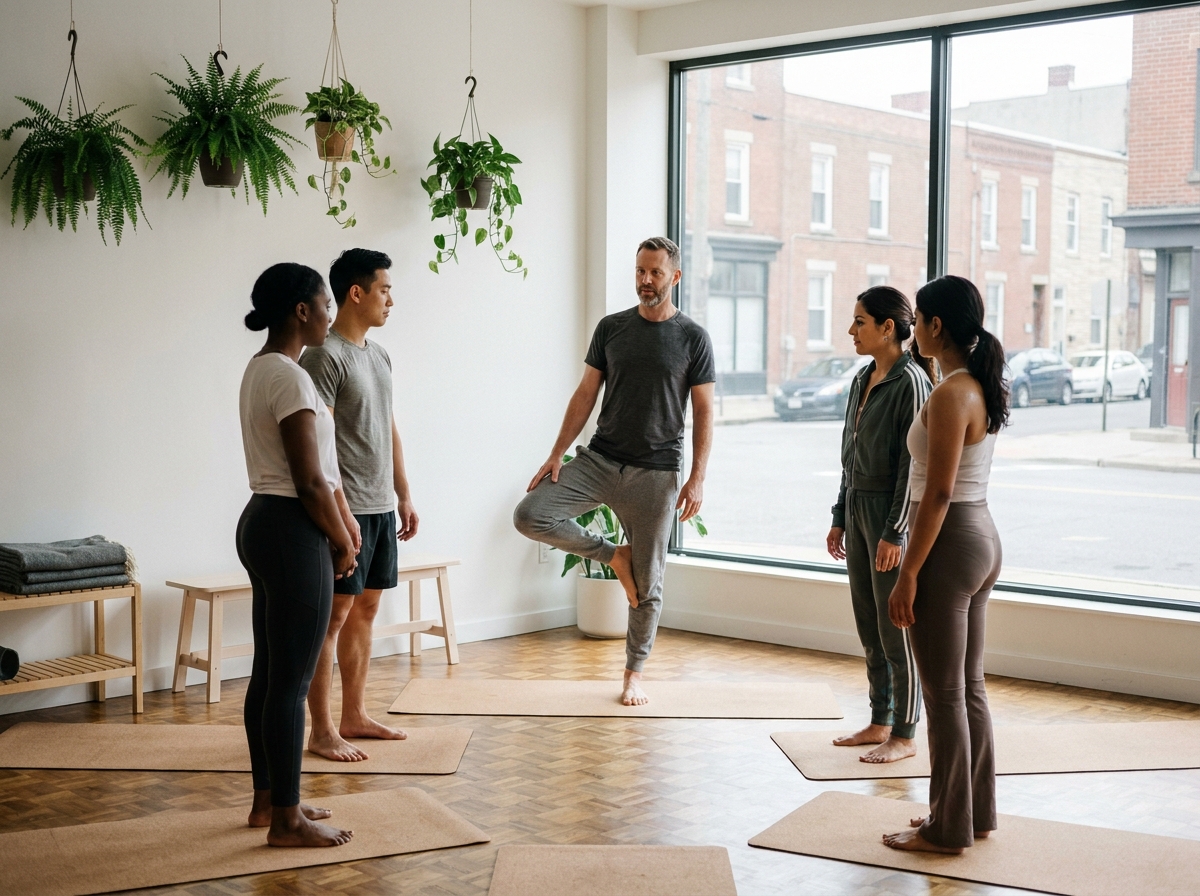 Cours de yoga en petit groupe dans un studio lumineux avec instructeur et participants attentifs en cercle