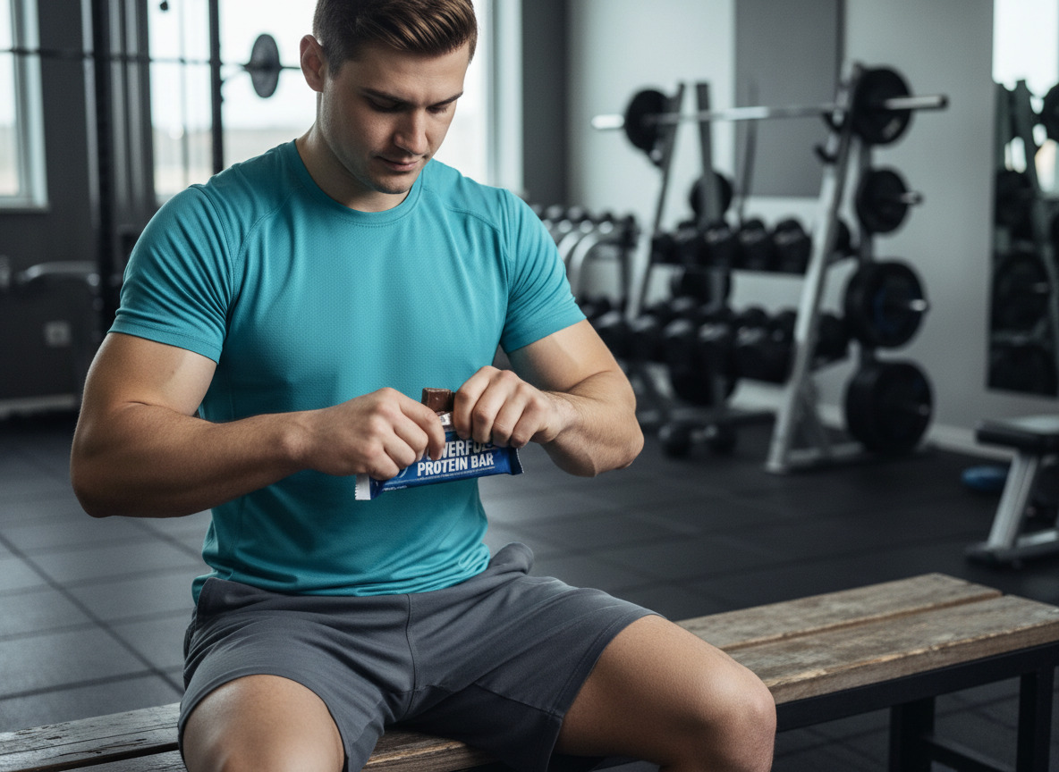 Jeune athlète masculin en salle de sport en train d'ouvrir une barre protéinée