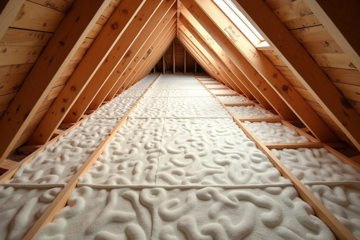 Vue d'ensemble de combles isolés avec panneaux rigides disposés régulièrement entre les fermettes