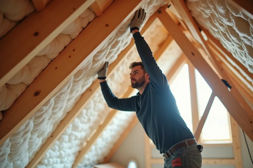 Installation de laine de verre entre les chevrons d'une toiture lors d'une isolation de combles