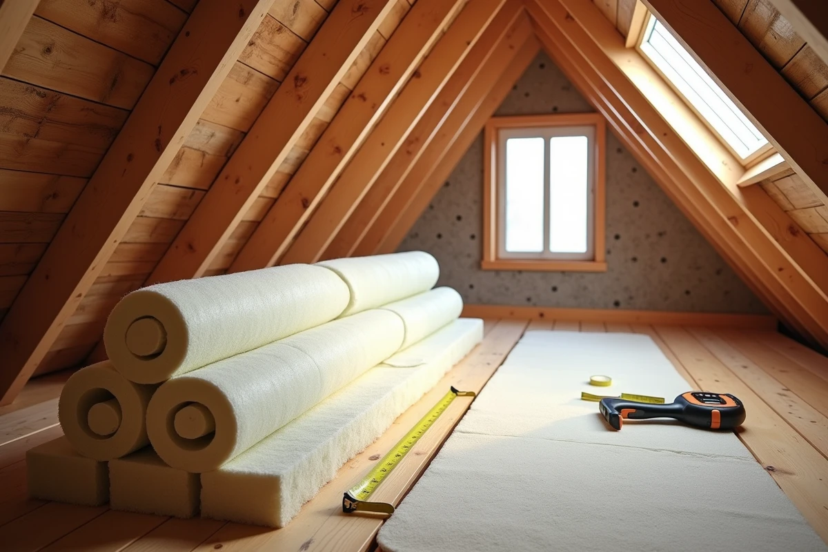 Matériaux d'isolation des combles disposés dans un grenier avant la pose