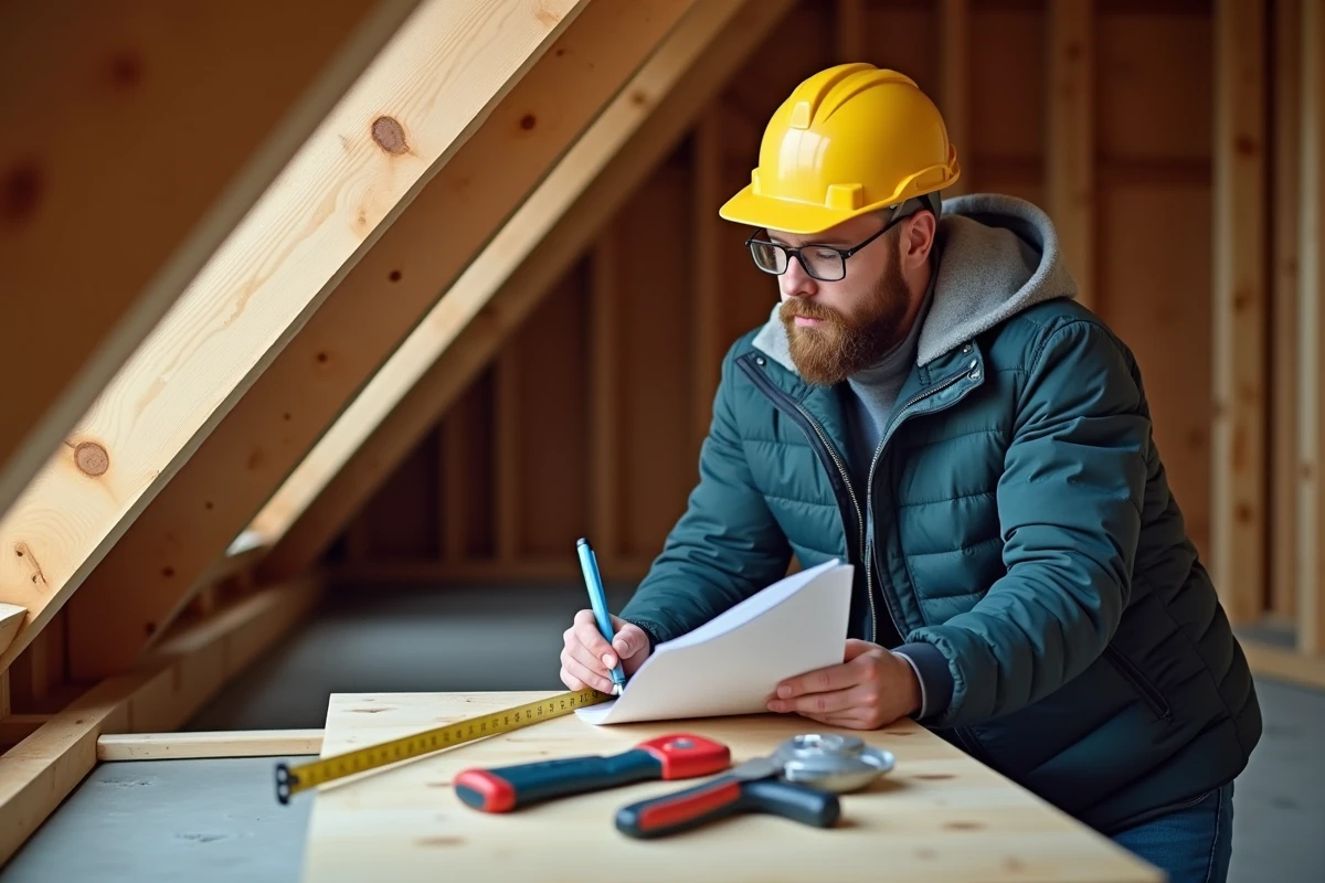 Bricoleur prenant les mesures des combles avec mètre et carnet pour planifier l'isolation
