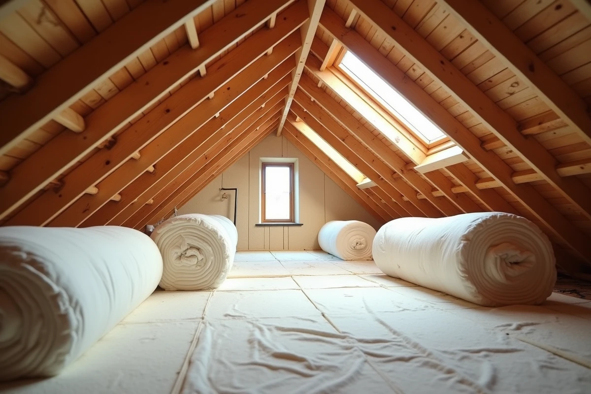 Combles spacieux préparés pour l'isolation thermique avec rouleaux de laine minérale empilés