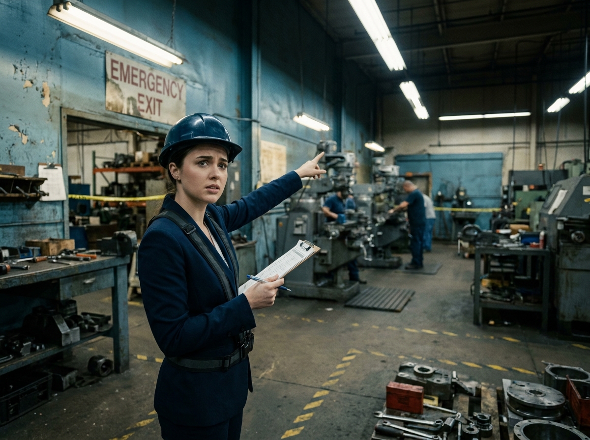 Responsable sécurité documentant les défaillances de marquage et de signalisation dans un atelier de production mécanique