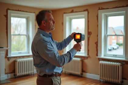 Auditeur thermique professionnel effectuant une étude thermique d'une maison avant rénovation avec caméra thermique dans un salon résidentiel