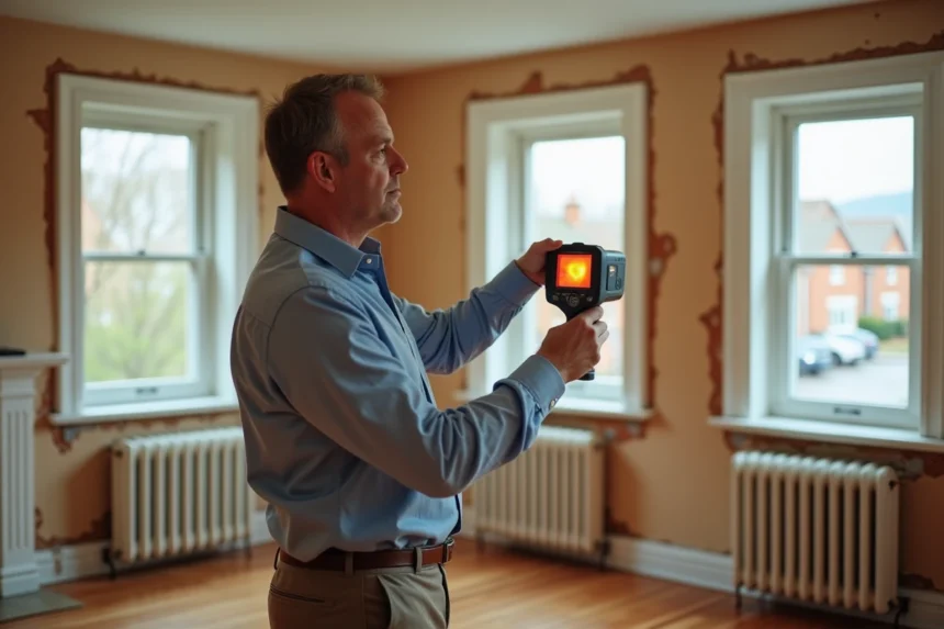 Auditeur thermique professionnel effectuant une étude thermique d'une maison avant rénovation avec caméra thermique dans un salon résidentiel