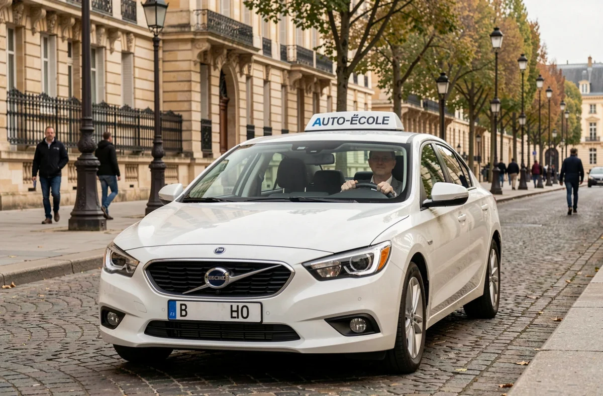 Vue d'ensemble d'une auto-école à Versailles avec un élève au volant d'une voiture d'apprentissage dans les rues historiques de la ville