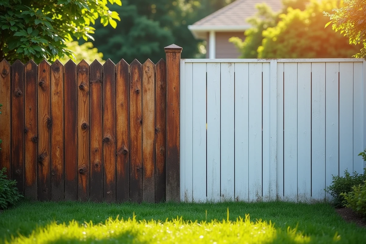 Comparaison avant après installation clôture aluminium remplacement ancienne clôture bois rouillée