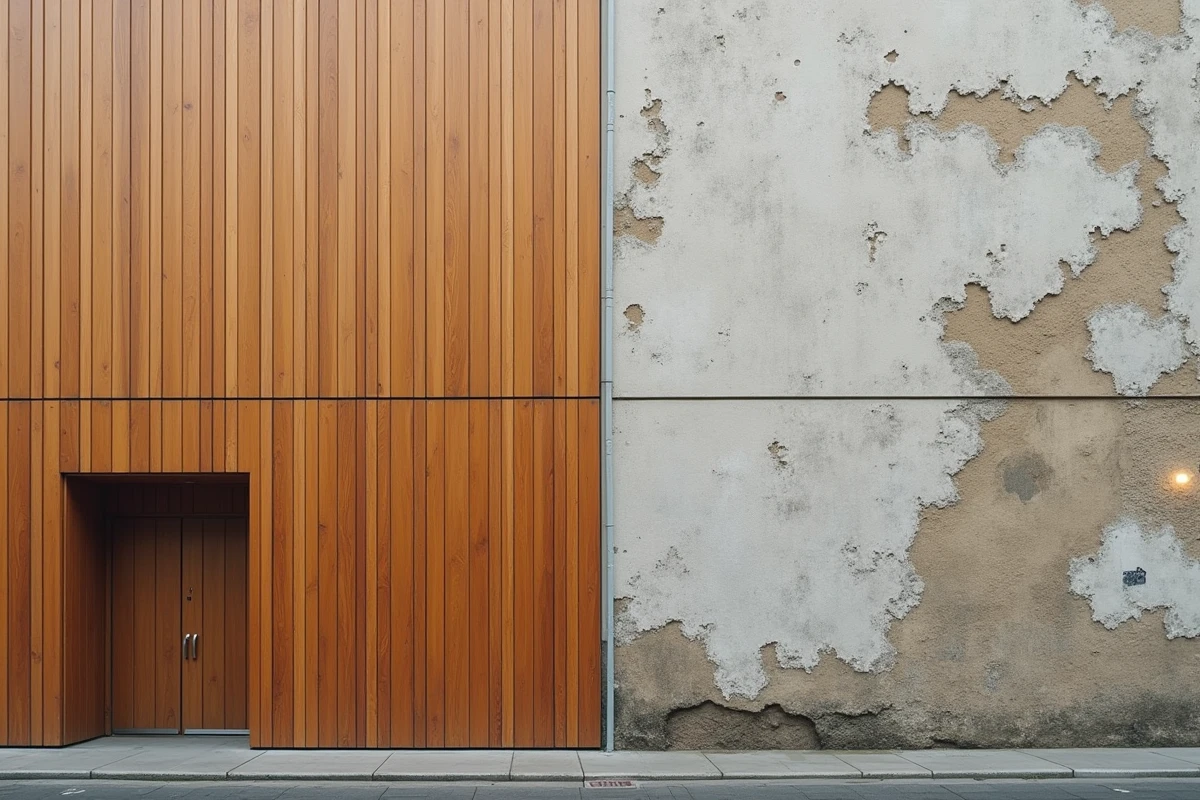 Comparaison façade ancienne rénovée : bardage bois neuf versus façade crépie dégradée avec humidité et moisissures