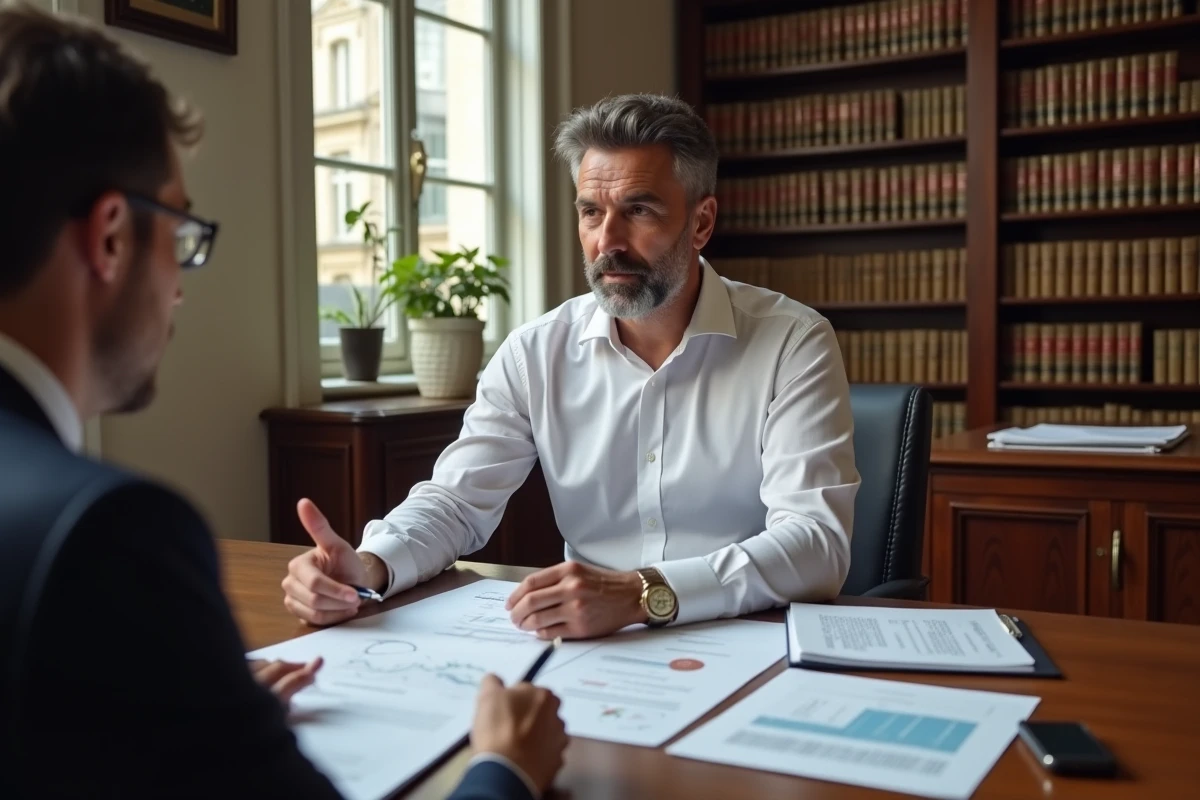 Conseiller fiscal et client examinant des documents fiscaux dans un bureau parisien, illustrant les avantages fiscaux de l'immobilier en France
