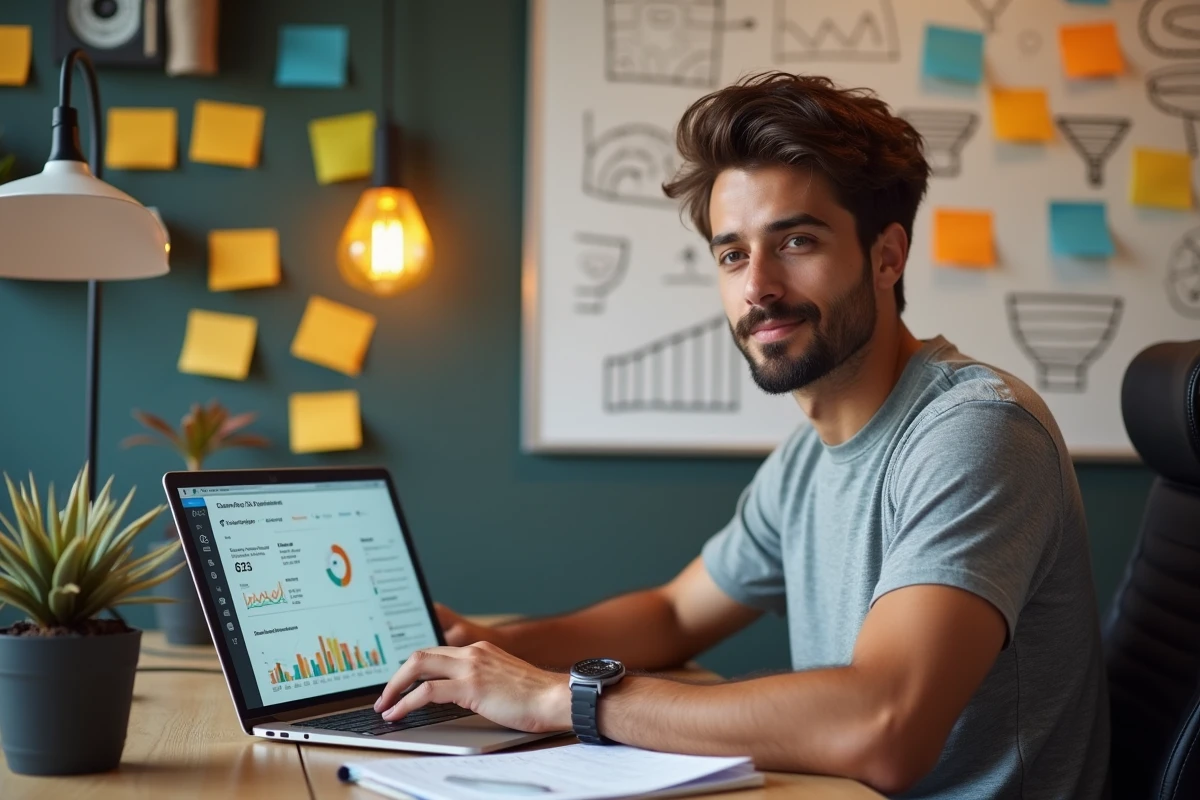 Growth marketer suivant ses métriques SEO de croissance sur BabyLoveGrowth dans un bureau startup