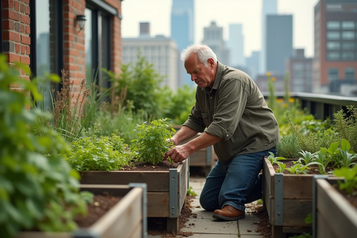 Homme aménageant jardinage urbain sur petite terrasse avec bacs surélevés et plantes en conteneurs