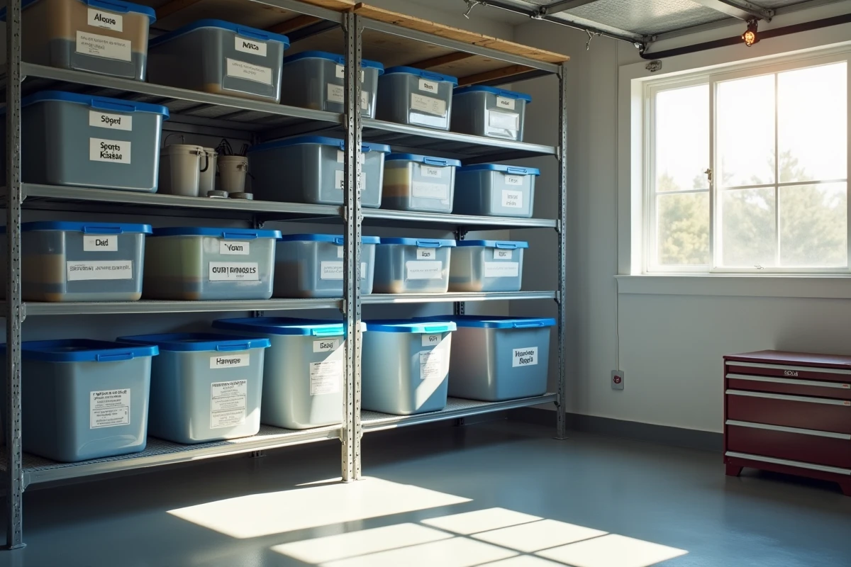 Rangées de bacs en plastique étiquetés et catégorisés sur des étagères métalliques dans un garage propre avec sol en époxy
