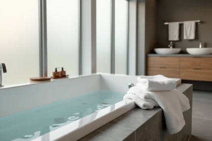 Baignoire balnéo encastrée dans une salle de bain moderne avec carrelage en pierre grise et accessoires en bois naturel
