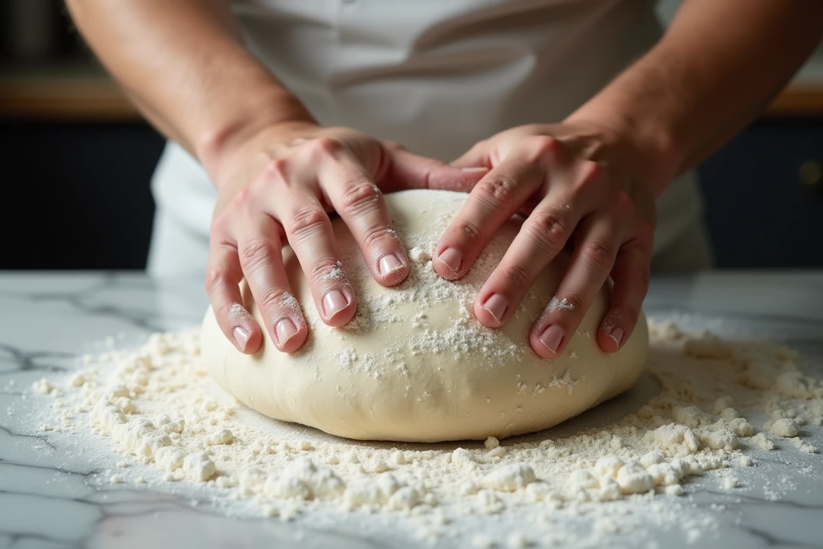 mains de boulanger pétrissant la pâte de pain au levain sur plan de travail