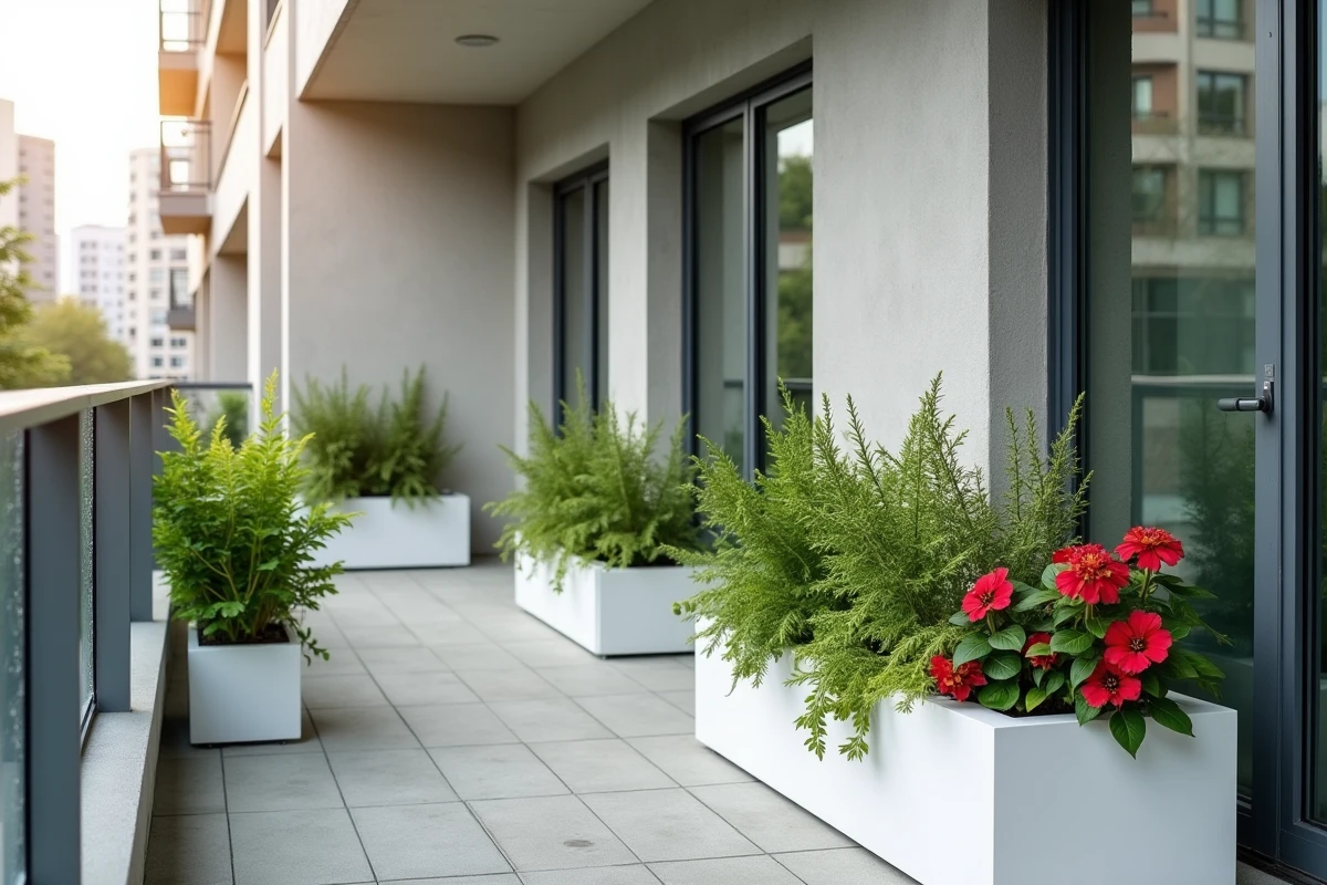 Balcon nord moderne avec bégonias et impatiens dans des pots contemporains blancs