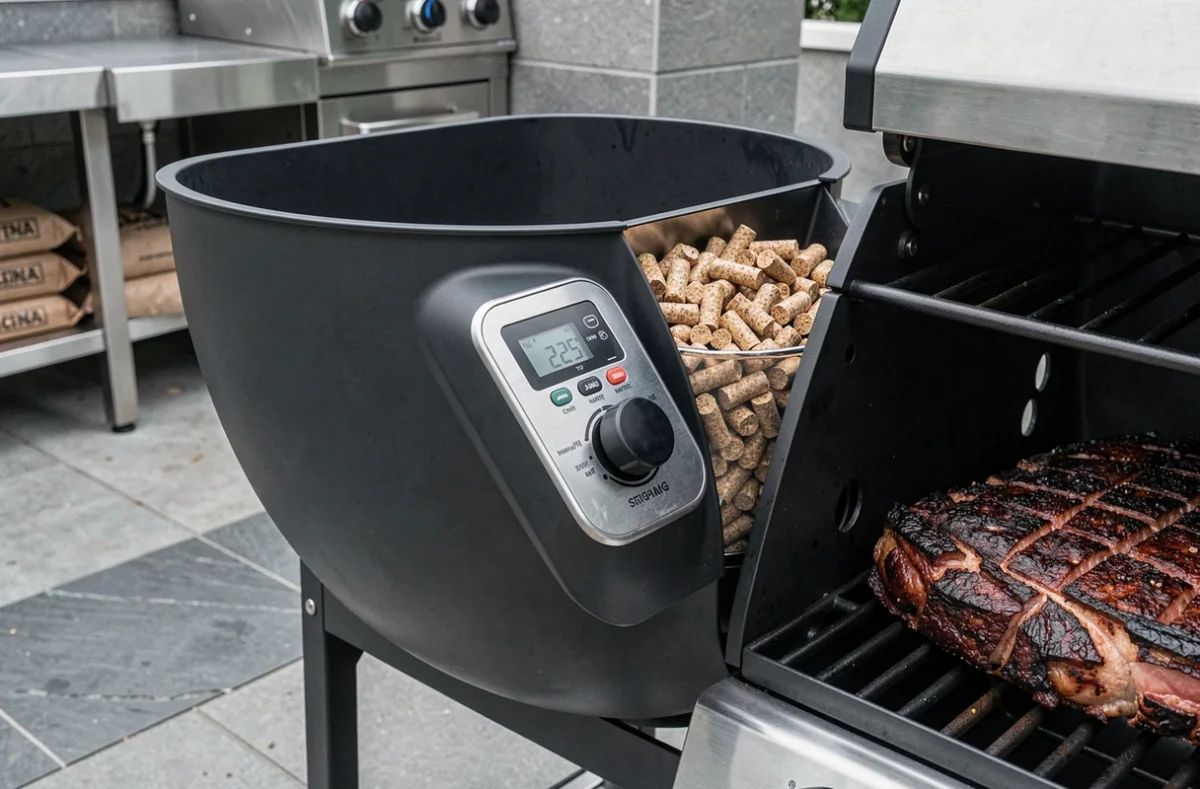 Gros plan sur le panneau de contrôle numérique et la trémie à pellets d'un barbecue à pellets avec une poitrine de bœuf en cuisson