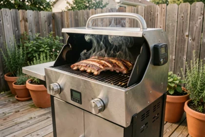 Barbecue à pellets en acier inoxydable sur une terrasse en bois avec des côtes de porc en cuisson et fumée légère