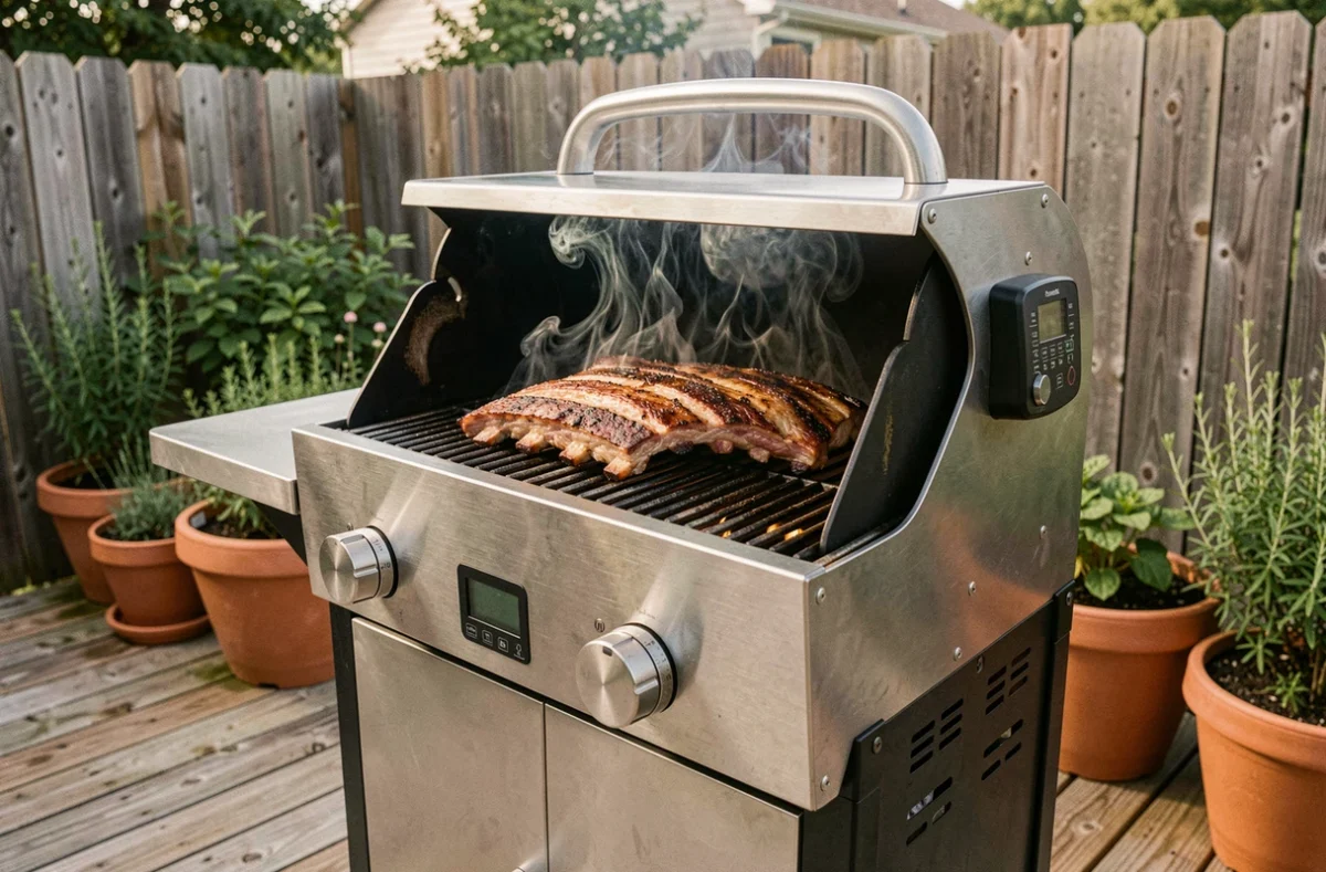 Barbecue à pellets en acier inoxydable sur une terrasse en bois avec des côtes de porc en cuisson et fumée légère