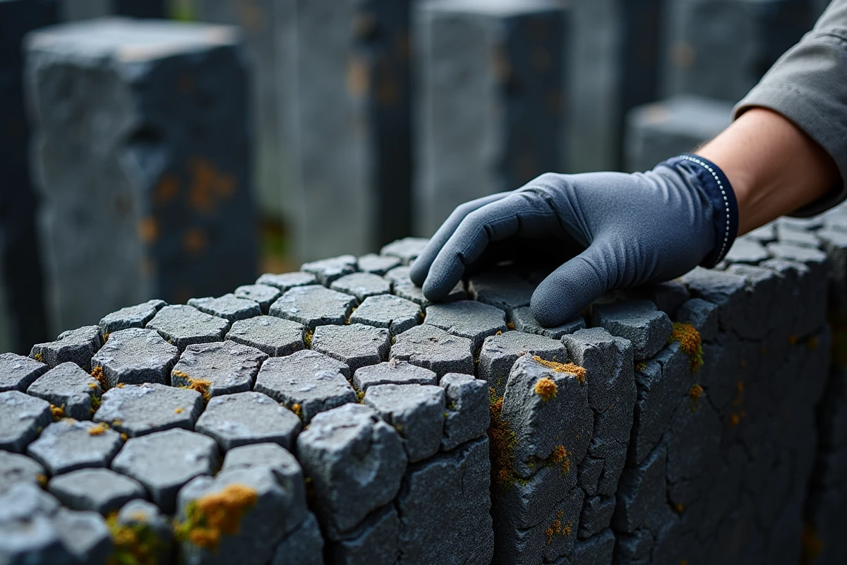 Gros plan sur les formations basaltiques en colonnes hexagonales caractéristiques de l'Ardèche volcanique