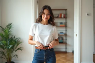 femme portant un look basique chic avec t-shirt blanc et jean bleu marine, style tendance minimaliste