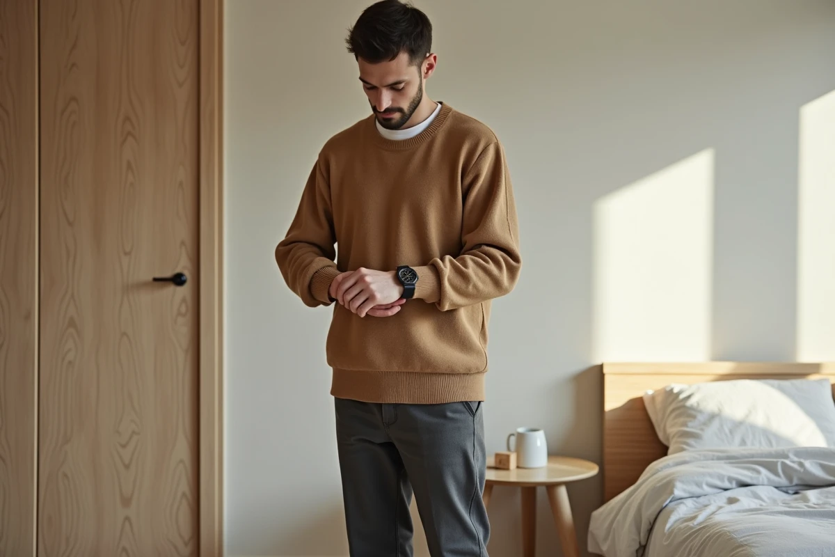 Homme en basiques intemporels pull camel et chemise blanche dans un intérieur minimaliste scandinave