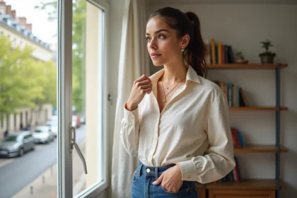 Femme portant des basiques chic avec chemise lin crème et jean bleu marine dans un appartement parisien moderne