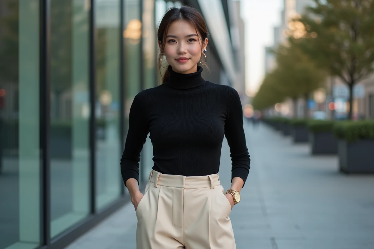 femme stylisée en turtleneck noir et pantalon crème dans décor urbain moderne minimaliste